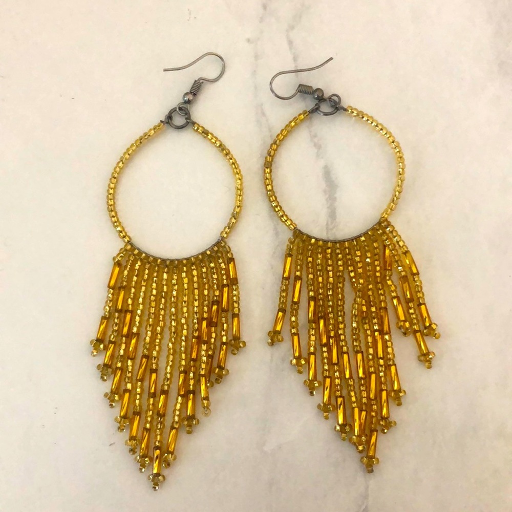 Gold Beaded Dangle Fringe Earrings